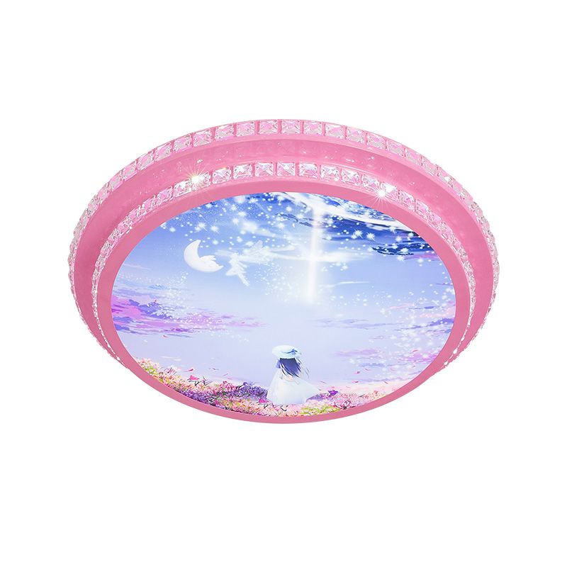 Night Sky Pattern Circular Flushmount Romantic Modern Acrylic Pink LED Ceiling Flush Light with Crystal Trim