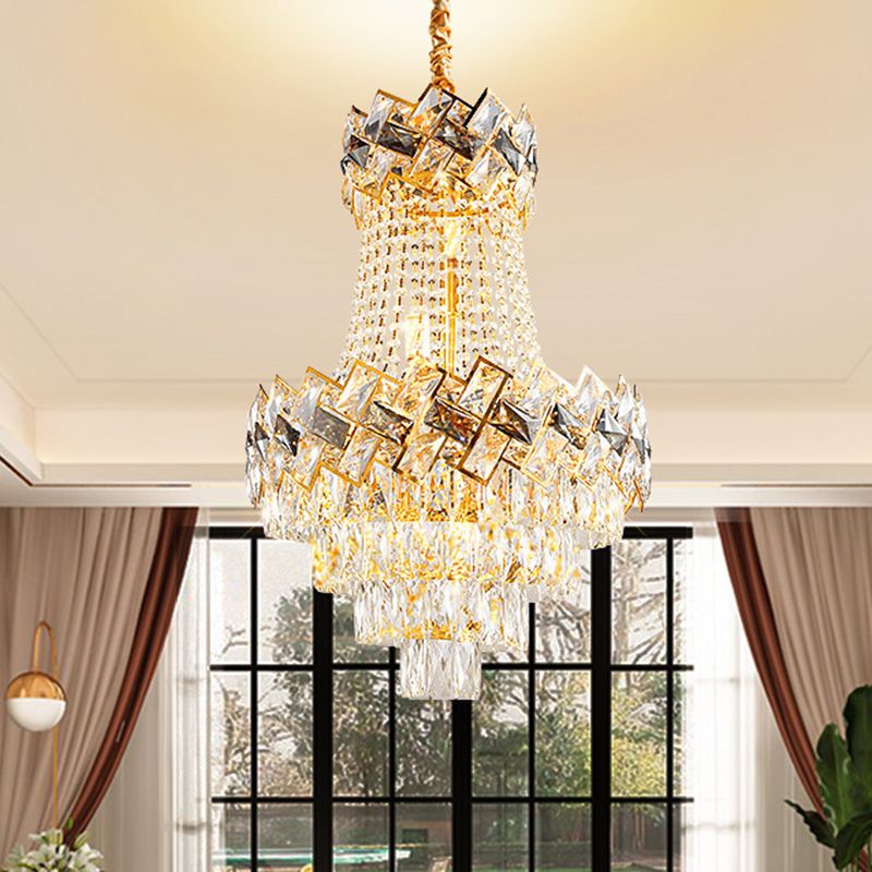 Layered Hanging Pendant Light Contemporary Rectangle-Cut Crystal 3/5-Bulb 12"/16" Wide Gold Chandelier