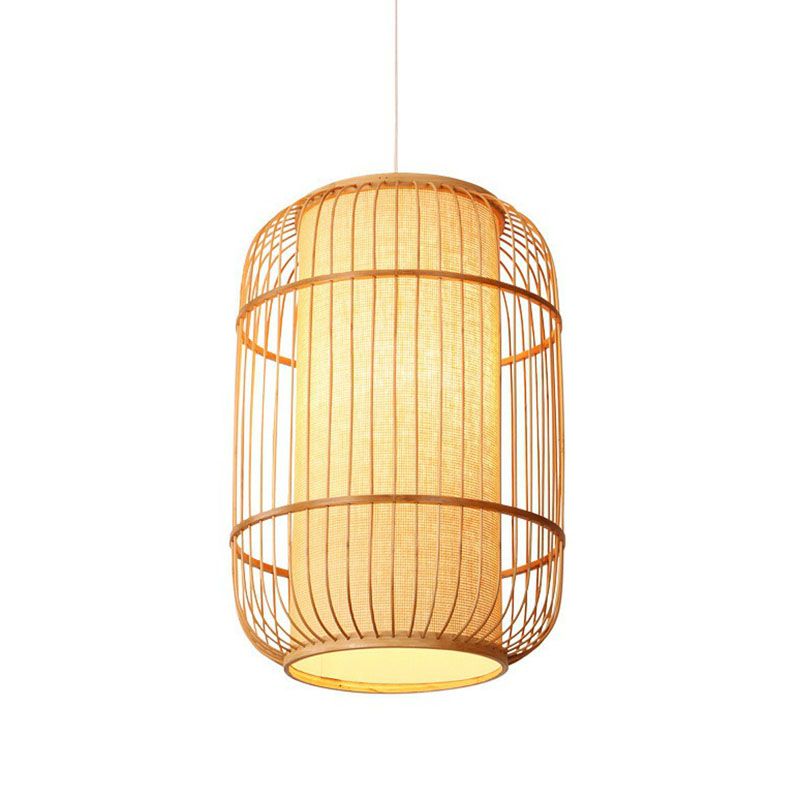 Oval Hanging Ceiling Lantern Chinese Bamboo Single Wood Pendant Lamp with Shade Inside