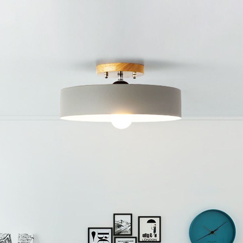 Drum Semi Mount Lighting Modernist Metal 1 Light 12" W Gray/White/Red/Pink Ceiling Mounted Fixture for Living Room