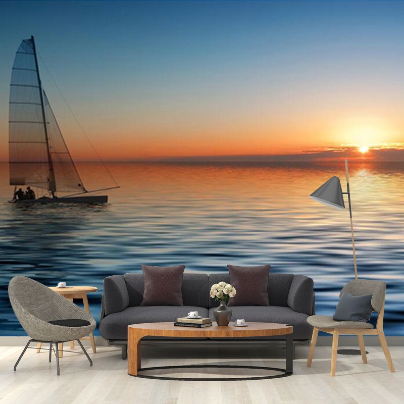 Personalized Photography Tropix Murals with Boat in the Sea at Sunset Pattern in Blue