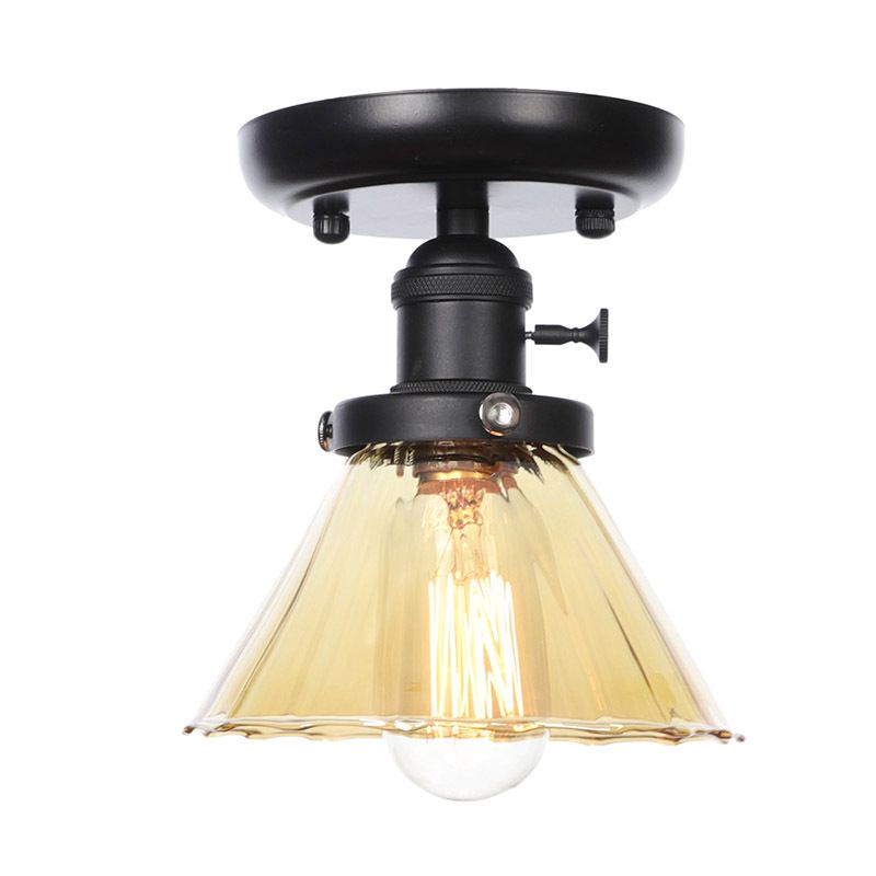 1 Bulb Semi Flush Mount Clear/Amber Glass Industrial Cone/Rhombus/Bell Ceiling Light for Kitchen