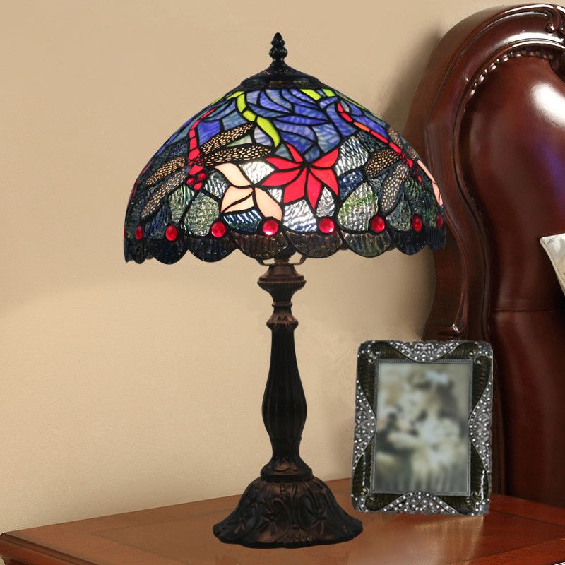 Laiton en laiton en vitrail Bowl léger 1 lampe de chevet à motifs de fleur méditerranéenne légère