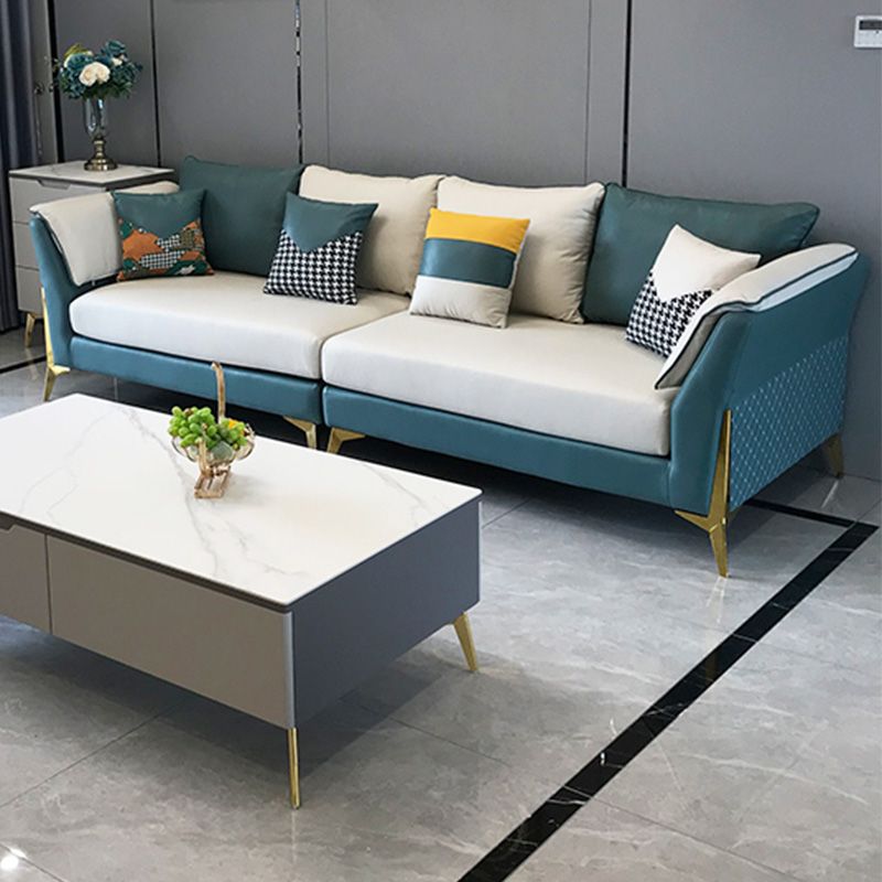 Blue and Cream Faux Leather Sectional Waterproof Sofa with Removable Cushions