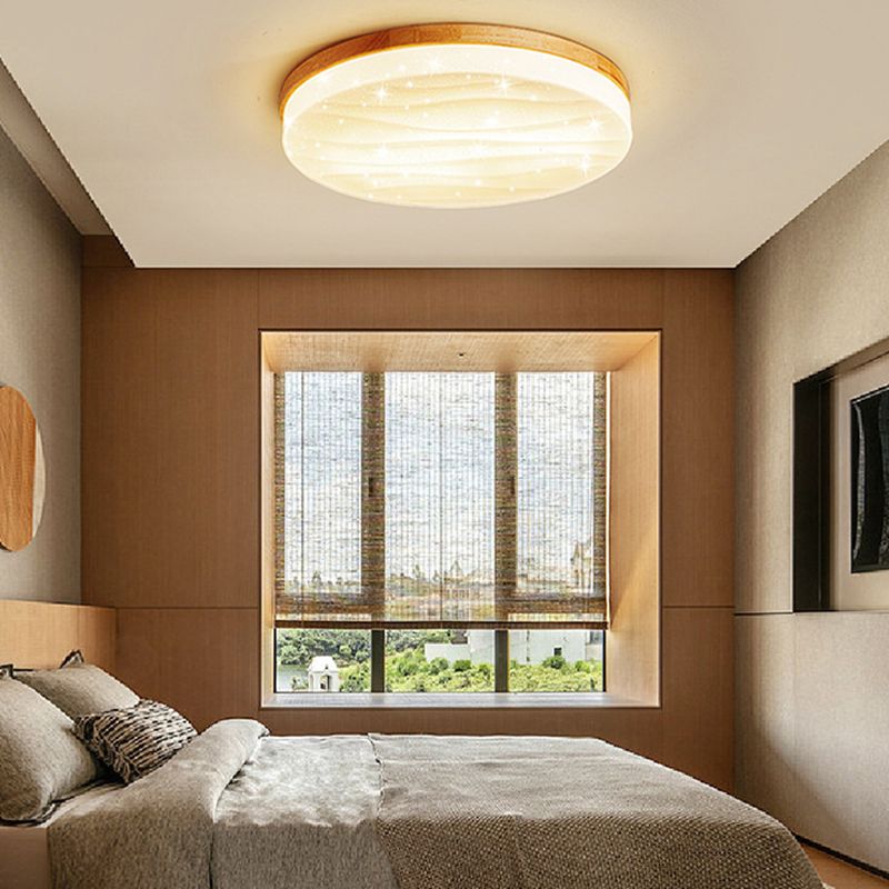 1-Light Round Flush Light Fixtures Modern Style Wood Flush Mount Lighting