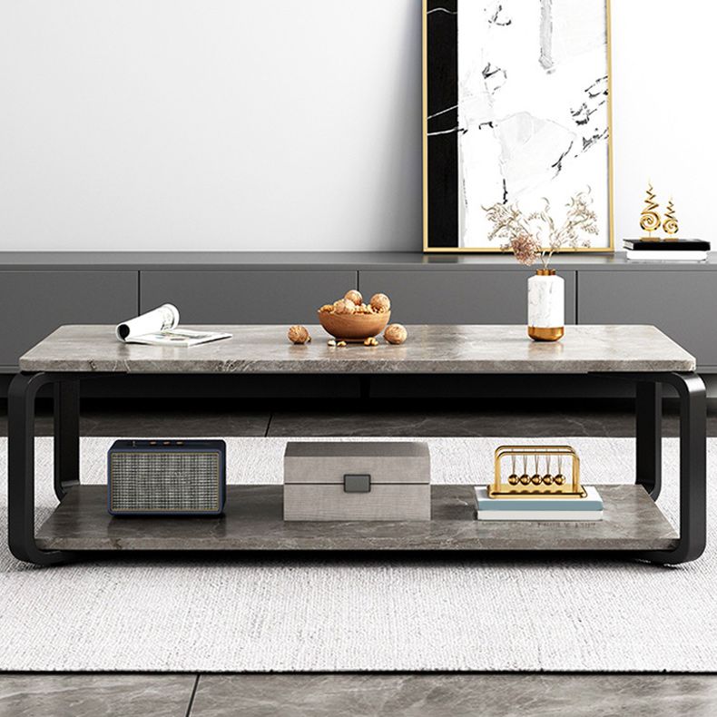 Modern Wooden Rectangular Top Coffee Table Steel 4 Legs Cocktail Table with Shelf