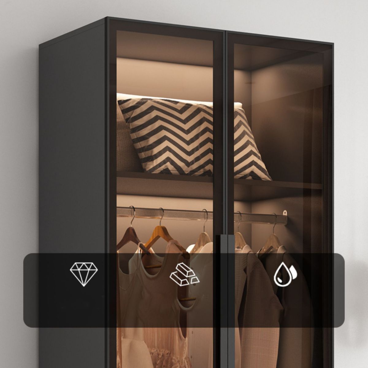 Freestanding Grey Wood Frame Wardrobe Modern Multifunctional Wardrobe with Glass Doors