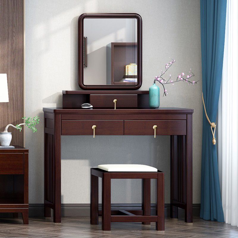 Traditional Mirrored Vanity Set Solid Wood Dressing Table with Stool in Brown