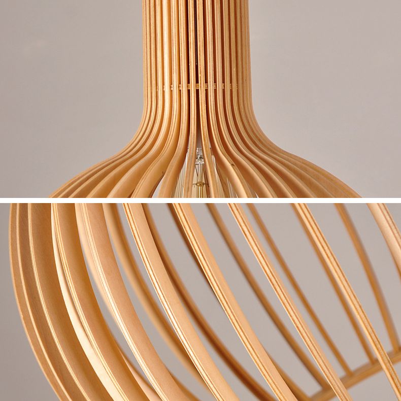 Spherical Caged Pendant Lamp Minimalist Wooden 1-Light Restaurant Hanging Light