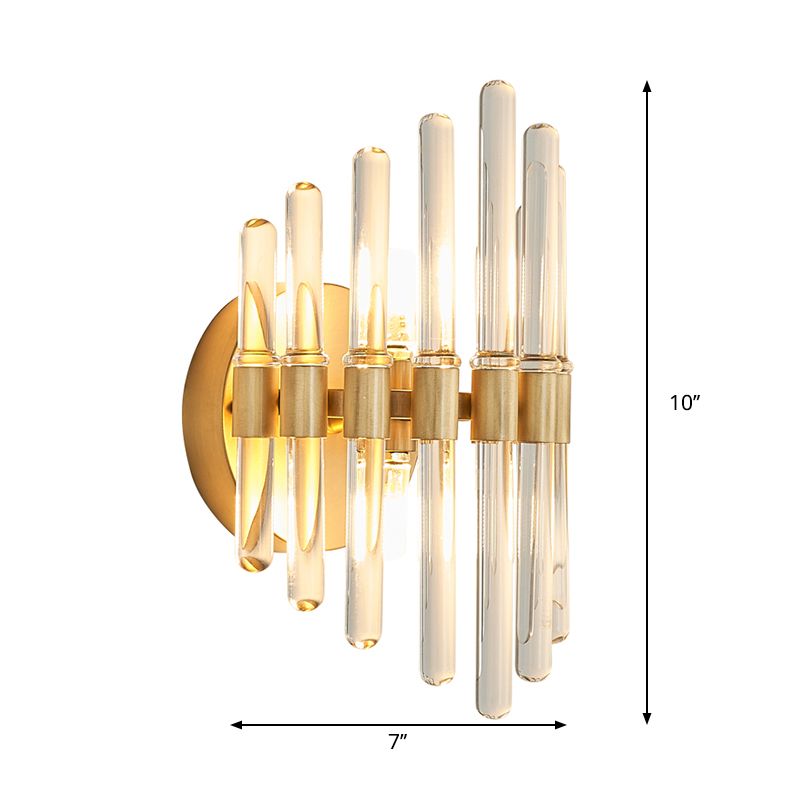 Tubular Wall Light Sconce Modern Style Clear Crystal 2 Bulbs Gold Finish Wall Sconce Light for Living Room