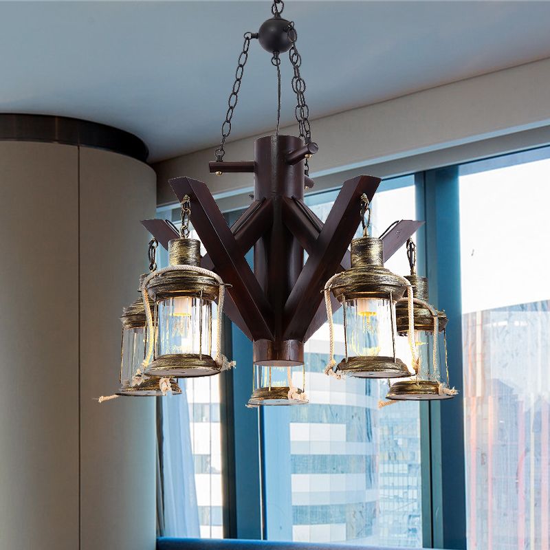 5 Lights Ceiling Chandelier Vintage Clear Glass Hanging Light Fixture in Black for Living Room