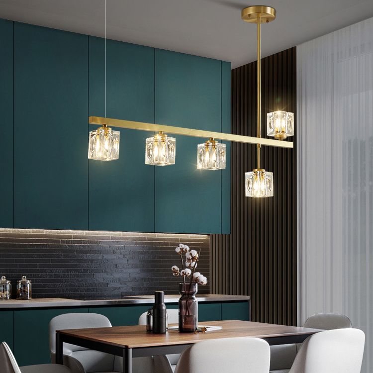 Linear Pendant Lighting Modern Island Lights Crystal Metal 4 Light Island Ceiling Light in Gold