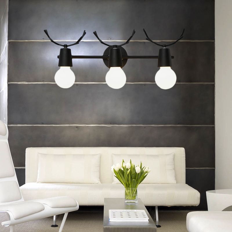 Open Bulb Foyer Stair Wall Sconce with Antlers Metal 3 Lights Modern Style Wall Lamp