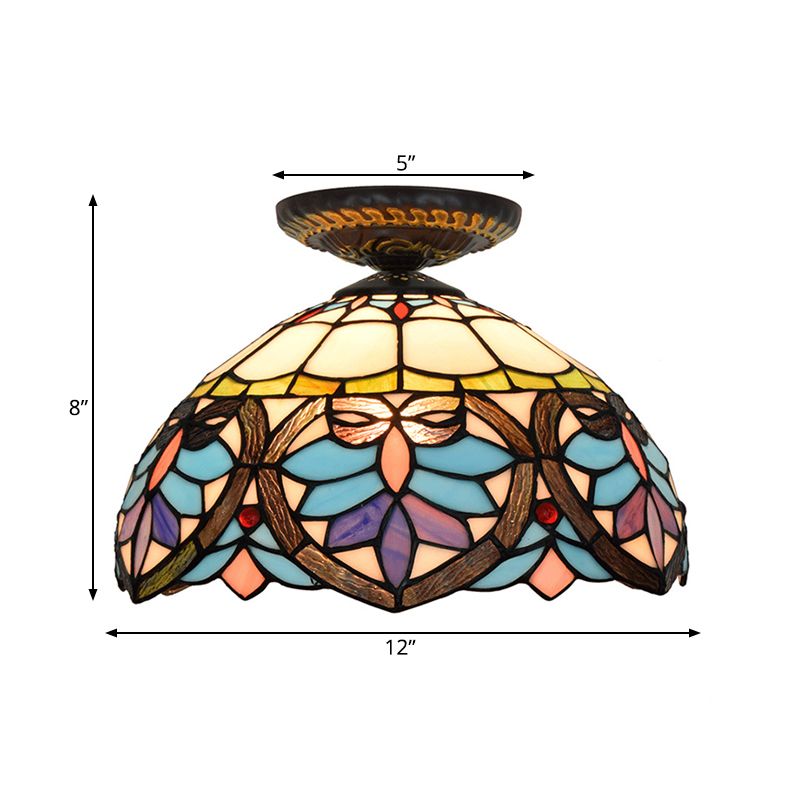 Plafonnier à 1 lumière de 8,5 po/12 po de largeur, luminaire de plafond en verre taillé à motifs de fleurs victoriennes en laiton avec abat-jour globe/dôme
