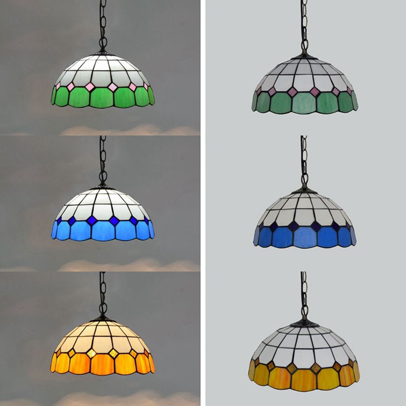 Bowl Shape Multicolored Stained Glass Hanging Lights Baroque Single Pendant for Dining Room