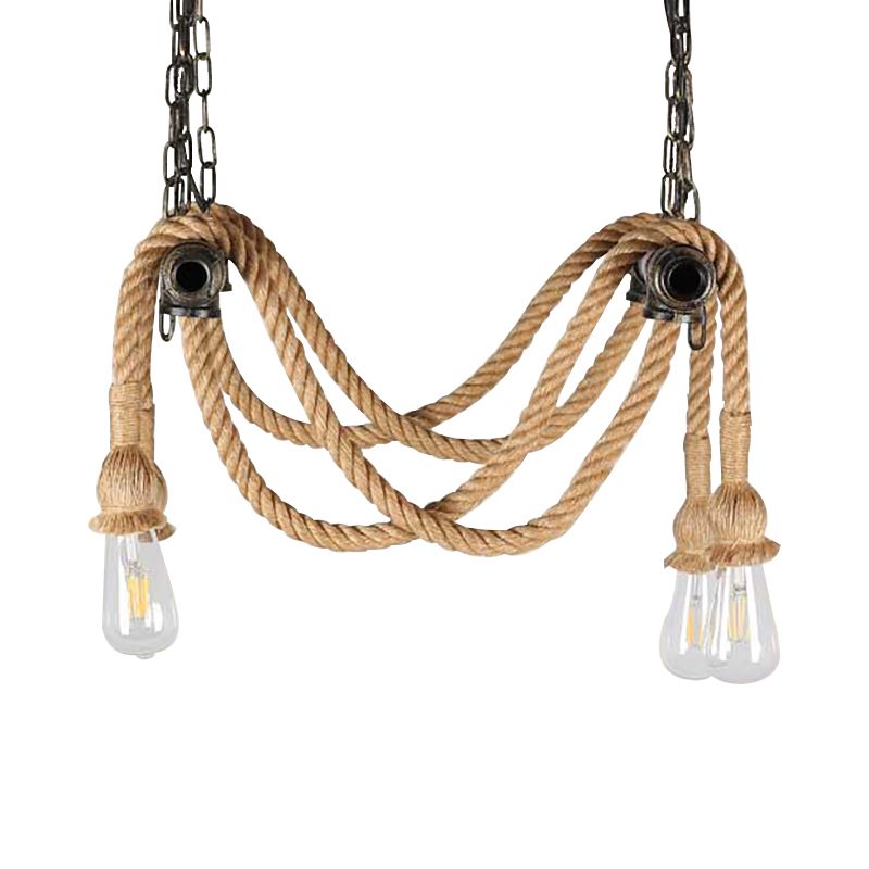 Wrought Iron Bronze Suspension Light Open Bulb 4 Lights Antique Style Chandelier Lamp with Hemp Rope for Bar