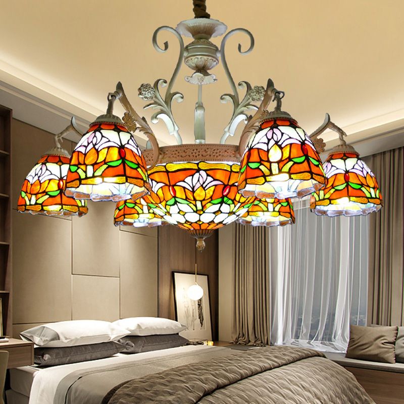 Dome Chandelier 9/11 Lights Stained Glass Mediterranean Hanging Pendant Light in Distressed White