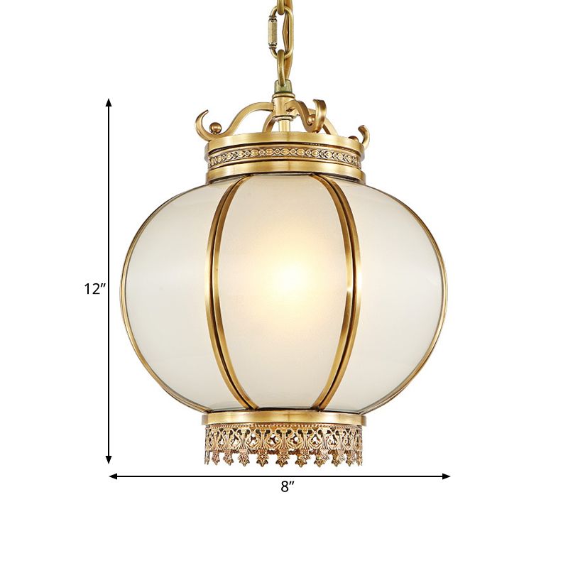 Frosted Glass Lantern Hanging Light Traditional 1 Light Bedroom Drop Pendant in Brass