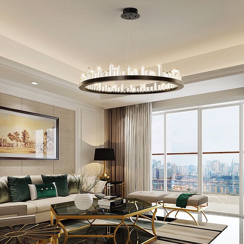 Minimalist Ring-Shape LED Chandelier Crystal Stick Living Room Hanging Light in Black