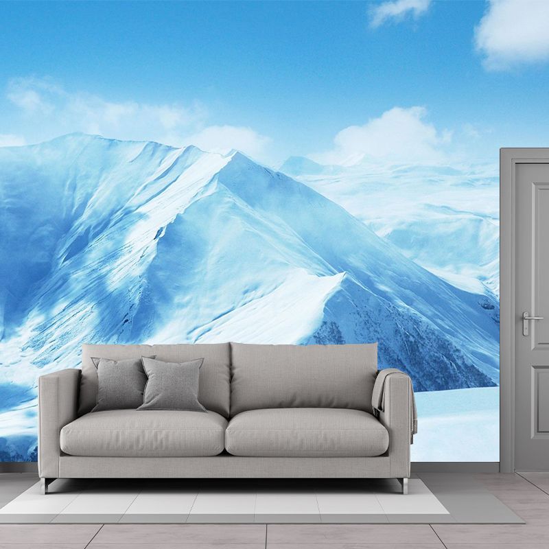 Huge Snowy Mountains Mural Wallpaper Blue Non-Woven Wall Covering, Washable, Custom Made
