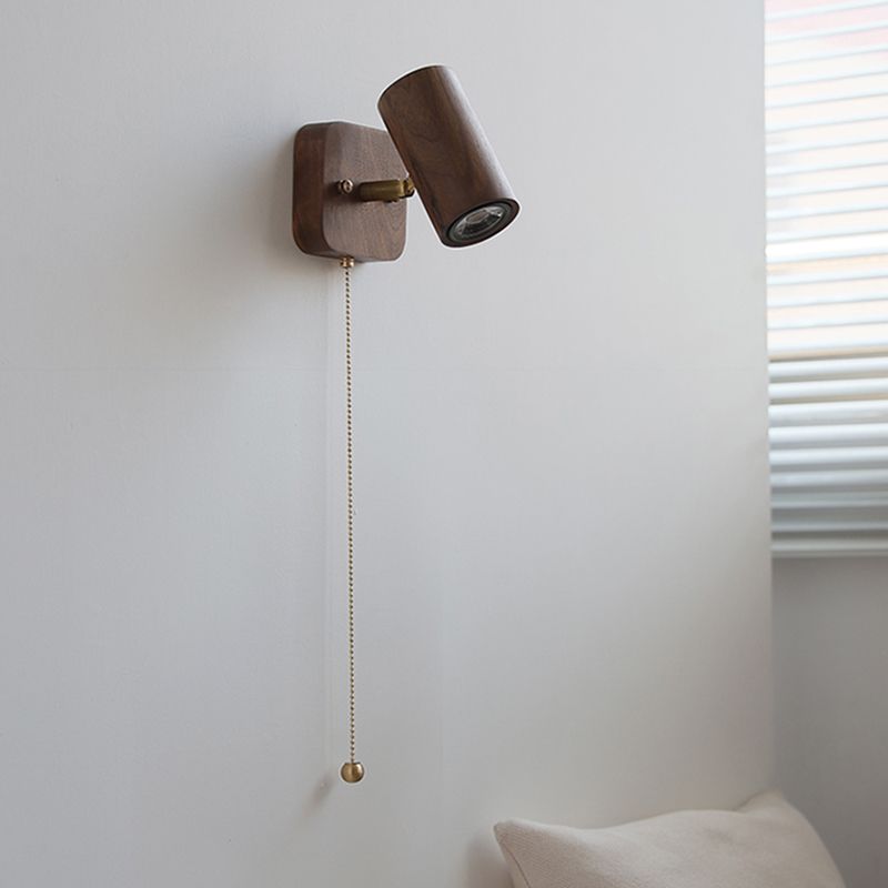 Cylinder Shape Wood Wall Sconces Modern 1-Light Reading Wall Mount Light in Brown