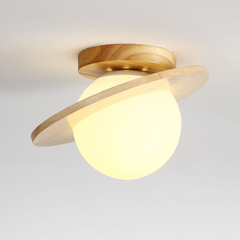 Single Beige Finish Flush Mount Lighting Nodic Wooden Shaded Ceiling Light