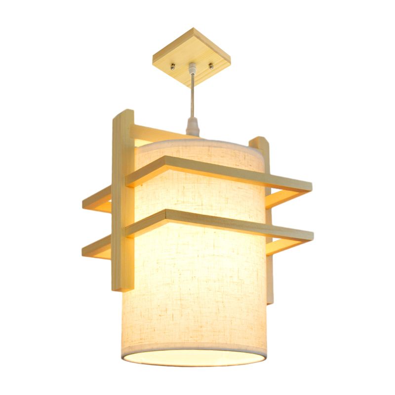 Fabric Cylindrical Hanging Lamp Kit Asian Style 1 Head Beige Ceiling Suspension Light with Wood Shelf