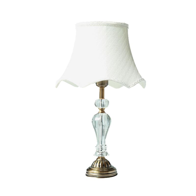 Fabric White Night Table Lamp Scalloped Singe Bulb Simple Nightstand Light with Crystal Accent