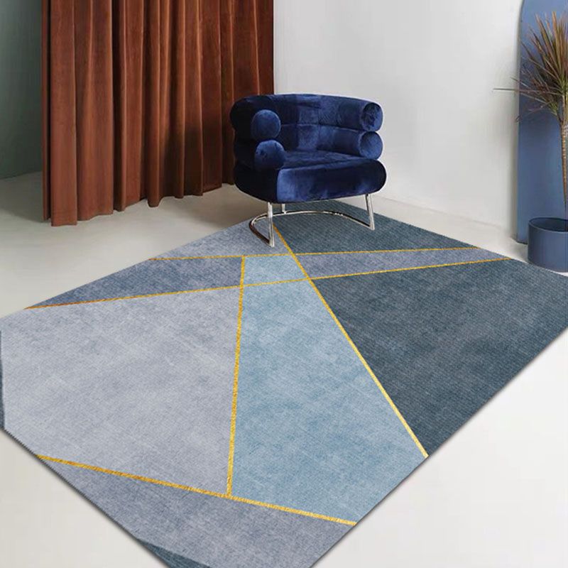 Blue Geometric Pattern Rug Modern Polyester Area Rug Non-Slip Backing Carpet for Living Room