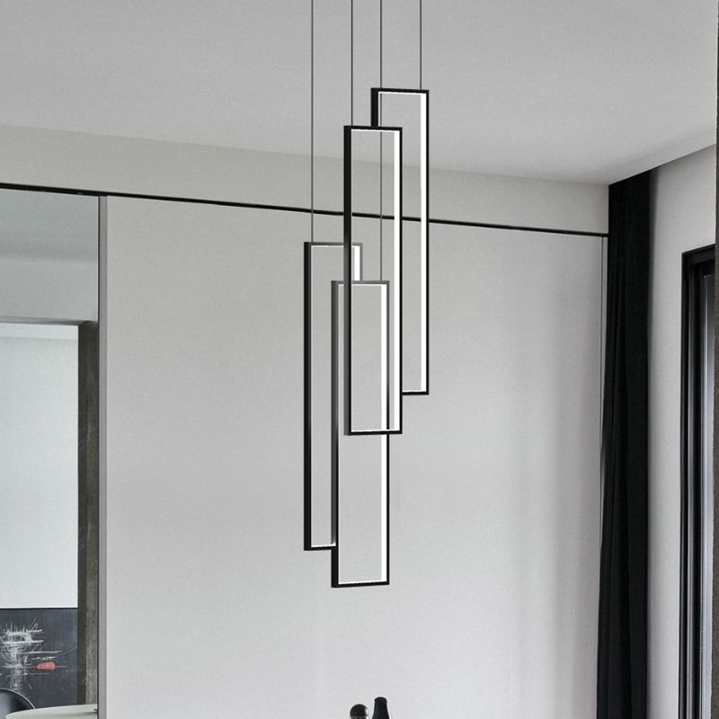 Rectangular Spiral Stairs Pendant Lighting Metal Creative Minimalist Multi Light Hanging Lamp in Black