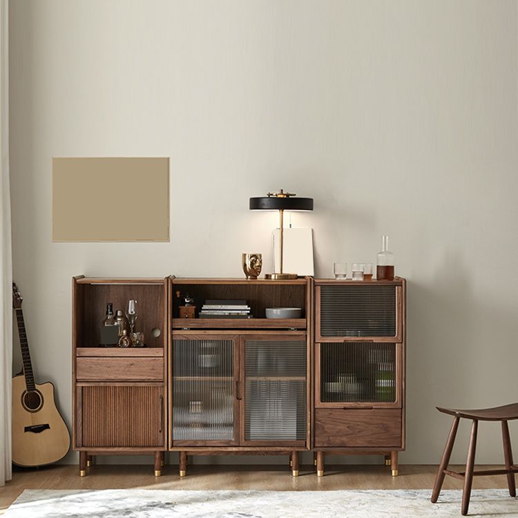 Walnut Glass Paned Accent Cabinet Mi-Century Modern 41.3" Tall Chest with Drawer
