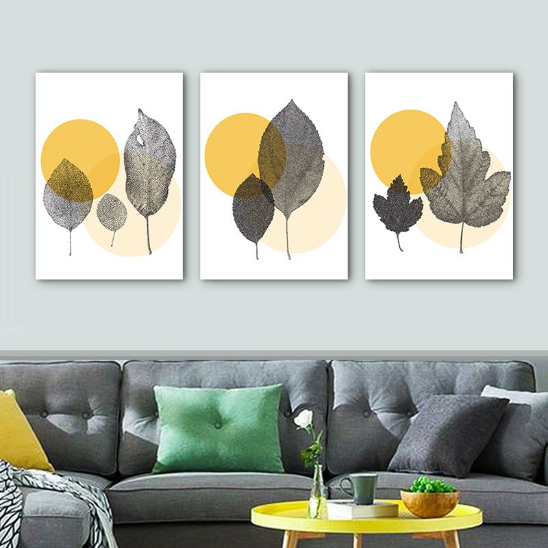 Textured Yellow Canvas Art Scandinavian Style Leaves Printed Wall Decor, Set of 3