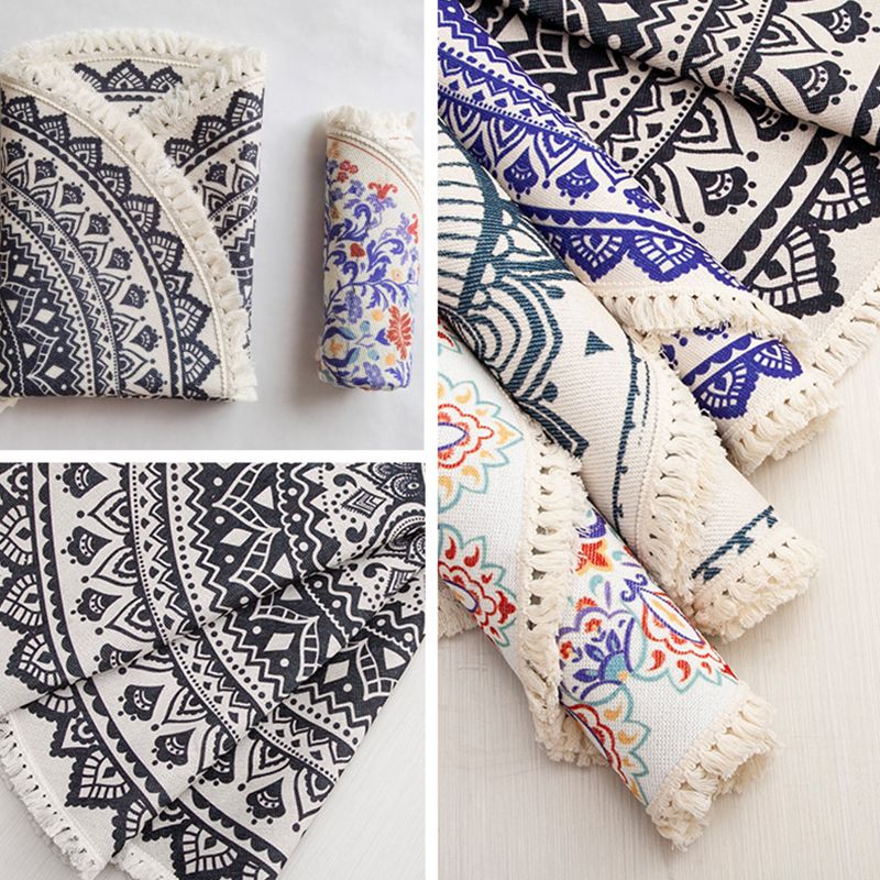 Round White Tone Modern Indoor Rug Cotton Symmetrical Pattern Carpet Easy Care Rug for Home Decoration