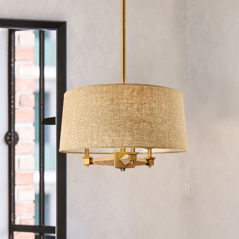 Drum Bedroom Hanging Chandelier Farmhouse Fabric 3 Bulbs White/Light Wood/Dark Wood Ceiling Suspension Light