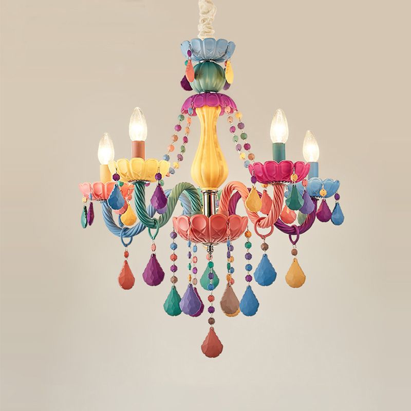 Candle Baby Room Chandelier Metal Macaron Suspension Light with Crystal Drapes