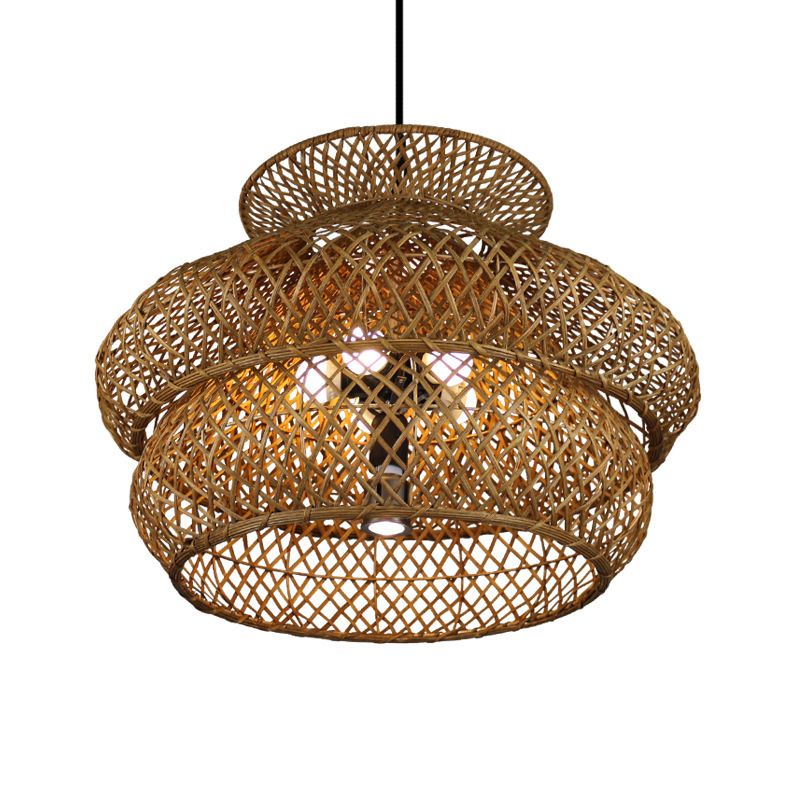 6 Heads Wide Flare Ceiling Chandelier Asian Bamboo Hanging Pendant Light in Brown