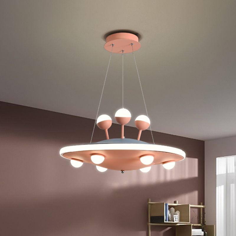 Cartoon UFO Ceiling Chandelier Metal LED Kids Bedroom Pendant Light with Round Canopy in Pink/Blue