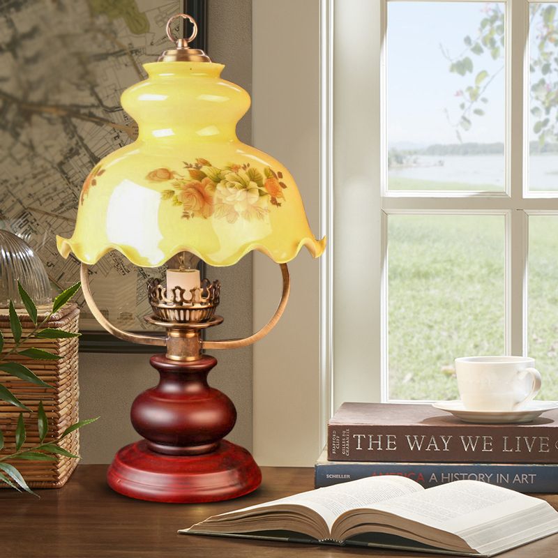 Lampada da notte pastorale con zucca con tesa a volant 1 illuminazione da tavolo in vetro fantasia giallo chiaro in rosso marrone