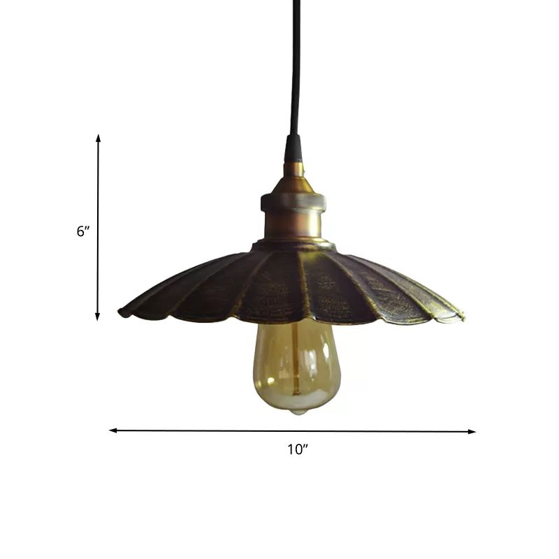 1-Light Pendant Light Fixture Rustic Scalloped Metallic Hanging Lamp in Bronze, 10"/14"/16.5" Width