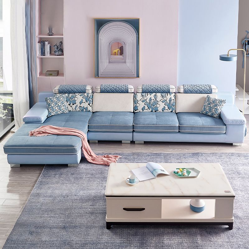 Nordic 4-Seat Sectional & Chaise Pillow Top Arm Sectional Sofa in Blue