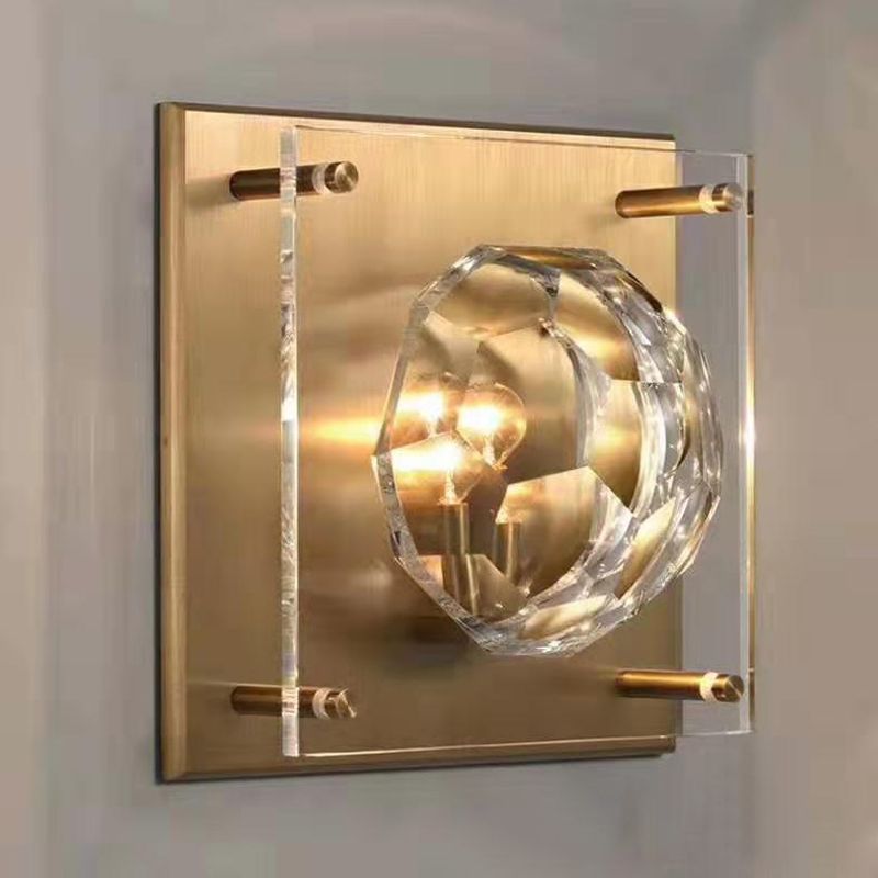 Bol en cristal en facette lampe murale du milieu du milieu du siècle 1 application de salon légère avec plaque arrière carrée en bronze