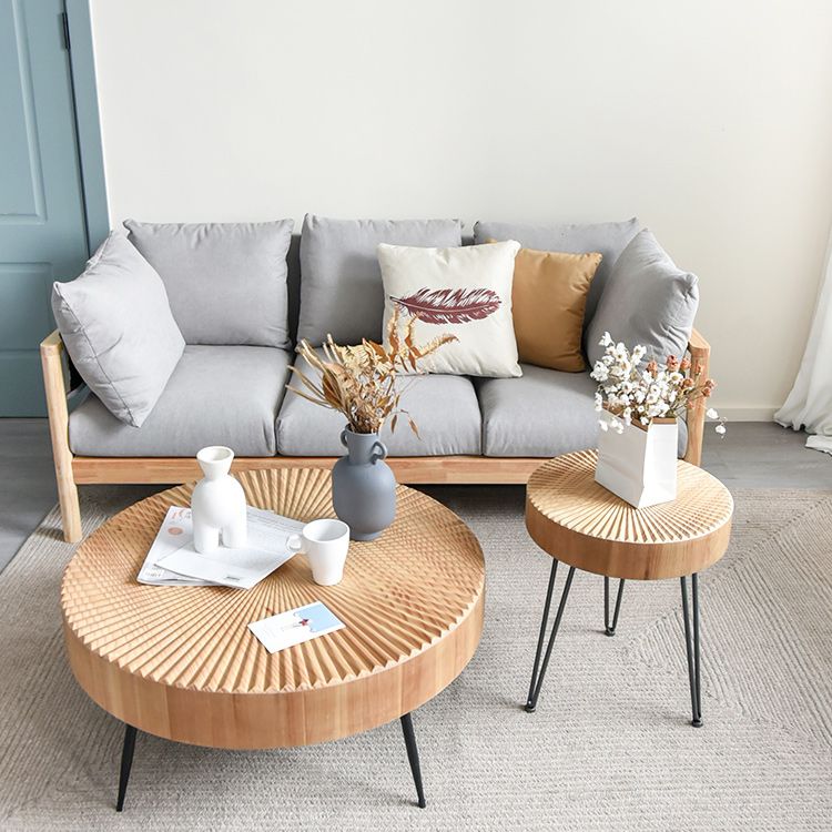 Round Sold Wooden Coffee Table with Black Base and Brone Top