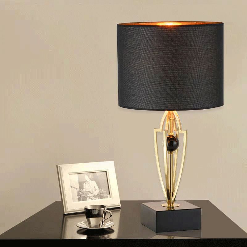 Fabric Drum Task Light Modernist 1 Bulb Black Small Desk Lamp with Square Marble Base
