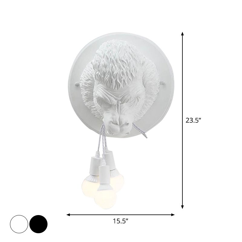 Orangutan Head Wall Mounted Lamp Decorative Resin 3 Lights Black/White Wall Sconce for Porch
