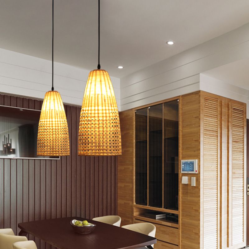 Bamboo Flared Hanging Lamp Chinese 1 Bulb Wood Pendant Light Fixture for Dining Room
