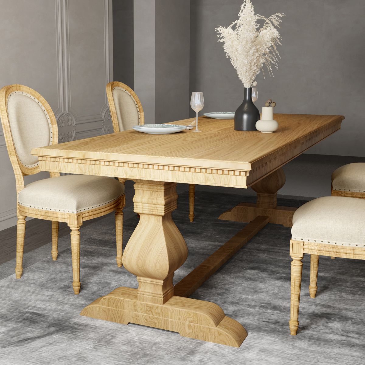 Mid-Century Modern Rectangle Table Solid Wood Dining Table with Trestle Base