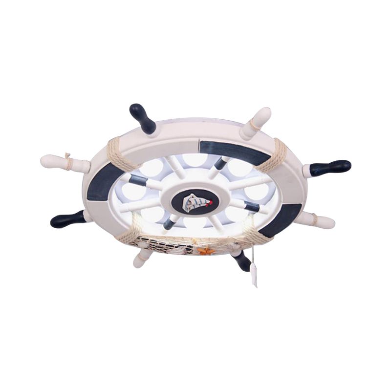 Wooden Ship Rudder Ceiling Lamp Kids 8-Bulb White/Pink/Blue LED Semi Flush Mount Light in White/3 Color Light