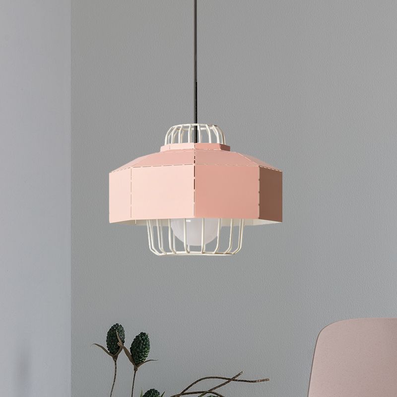 Laser Cut Ceiling Hanging Lantern Macaron Iron 1 Bulb Grey/Blue/Pink Pendant Light with Wire Cage Insert