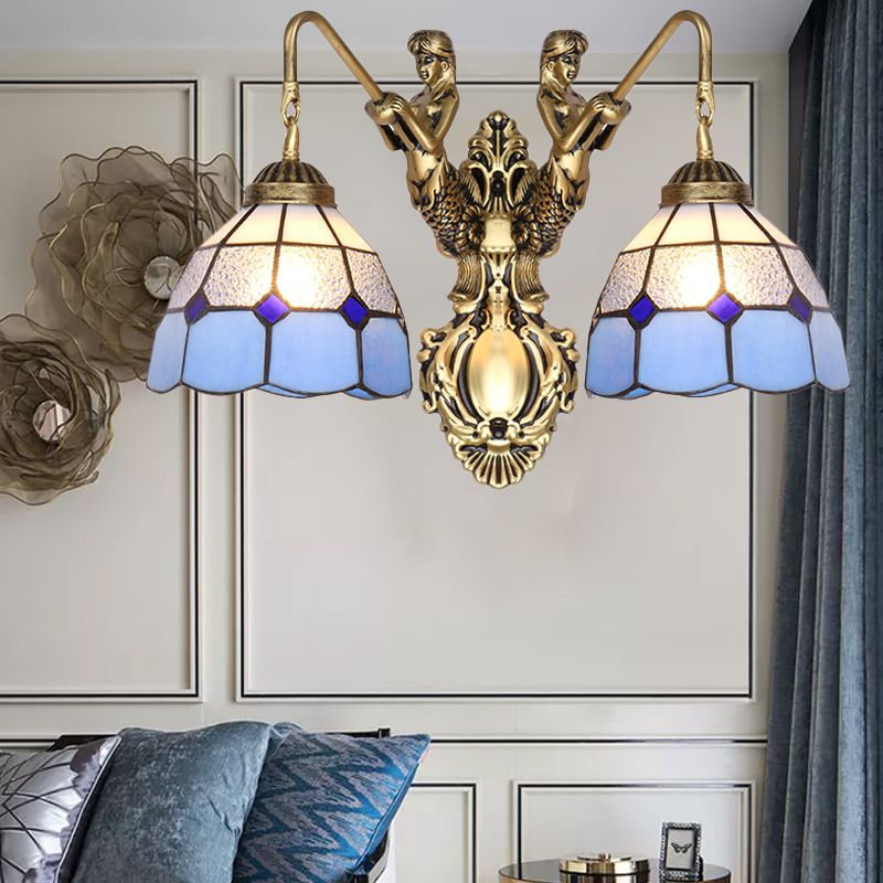 Blue Glass Brass Wall Light Fixture Dome 2 Heads Tiffany Sconce Lighting with Mermaid Backplate