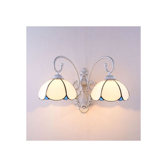 Stained Glass Scalloped Wall Light with White Curved Arm 2 Lights Traditional Sconce Light in White/Clear/Blue/Beige